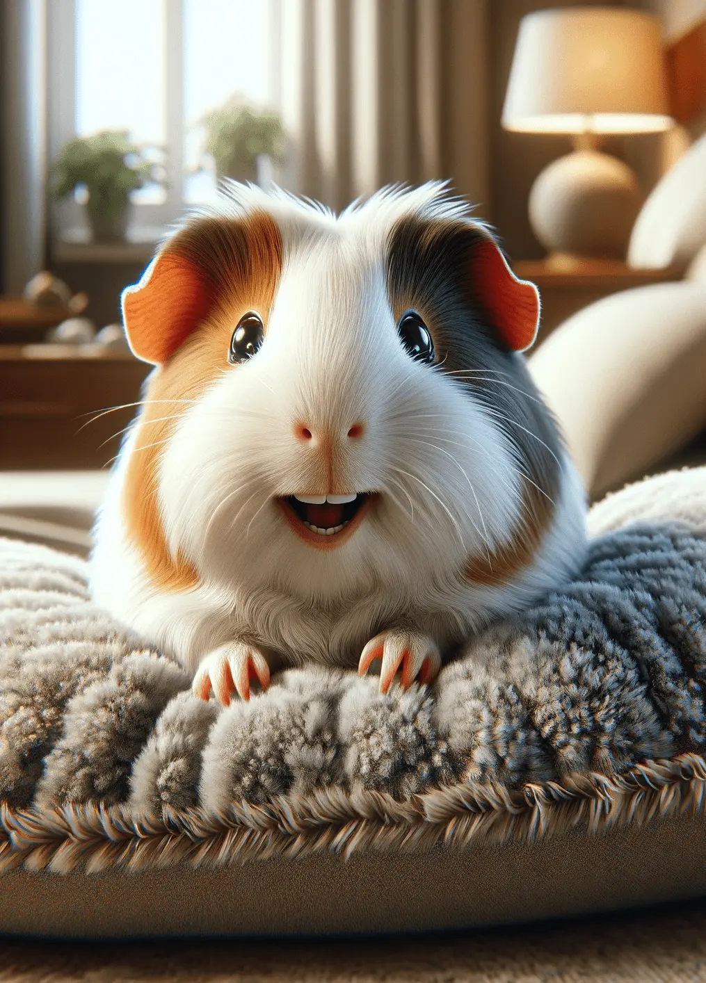 Cheerful guinea pig enjoying comfort on a fluffy pillow at home.